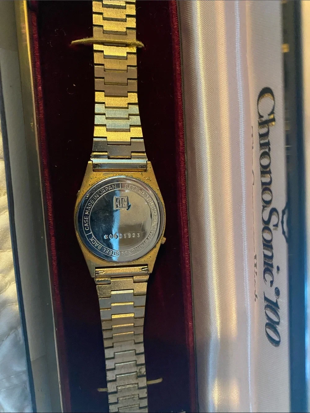 Gold Men's Chronosonic Digital Bracelet Watch never used original boxes/reciept